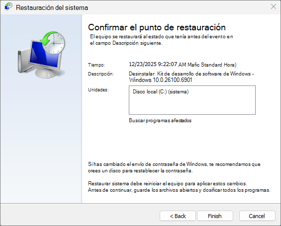 Captura de pantalla de Restaurar sistema.