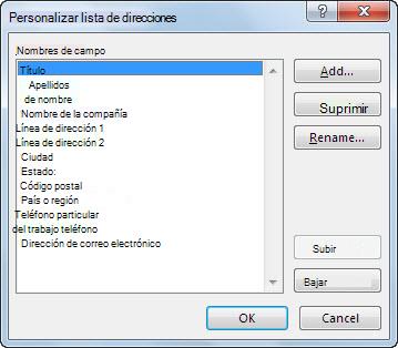 Cuadro de diálogo Personalizar lista de direcciones