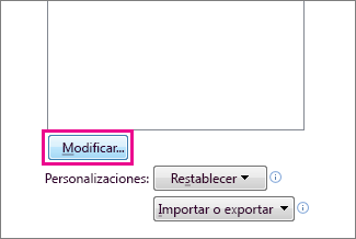 Botón Modificar en el cuadro Personalizar la barra de herramientas de acceso rápido