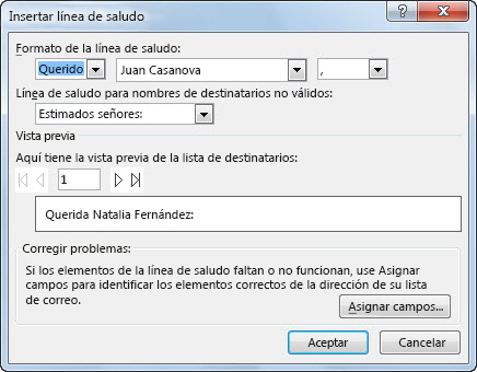 Opciones de Línea de saludo