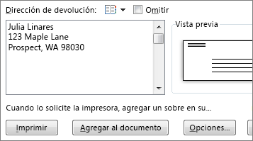 Cuadro de dirección de devolución  