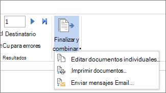 Captura de pantalla de la pestaña Correspondencia en Word, que muestra el comando Finalizar & Combinar y sus opciones.