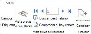 Captura de pantalla de la pestaña Correspondencia de Word, donde se muestra el grupo Vista previa de resultados.