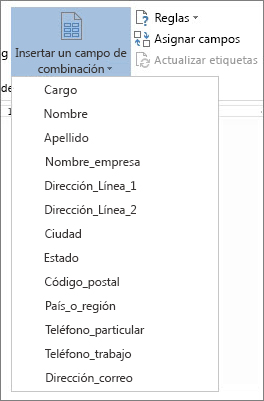 Menú de campos disponibles Insertar campo de combinación