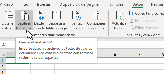 Seleccionar texto o CSV en la pestaña datos