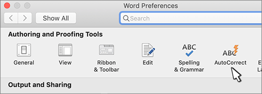 Word para Mac botón de autocorrección