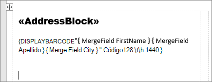 Una etiqueta postal con AddressBlock y campos de código de barras