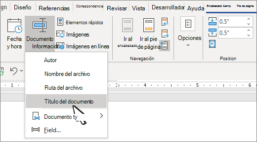 Cinta de opciones de encabezado con información del documento resaltado