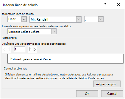 Cuadro de diálogo Línea de saludo