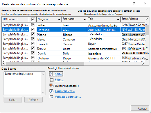 Cuadro de diálogo Editar destinatarios