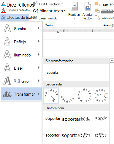 Seleccionar un efecto de texto de transformación curvada