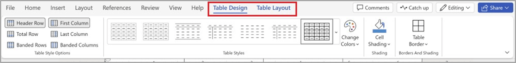 Pestaña Tabla en la cinta de opciones clásica