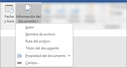 Captura de pantalla que muestra los botones Información del documento y Fecha & Hora en la cinta de opciones de Word