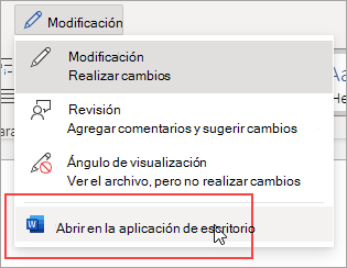Imagen del comando Abrir en la aplicación de escritorio