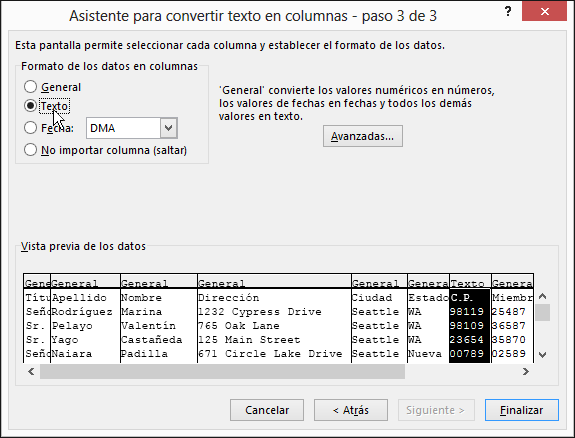 La opción de texto de Formato de los datos en columnas está resaltada en el Asistente para importar texto.