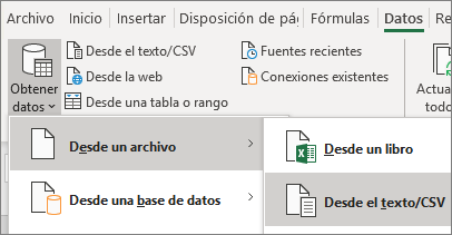La opción Desde texto está resaltada en la pestaña Datos.