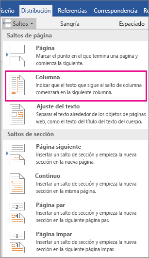 La opción Columna está resaltada en el menú Saltos.