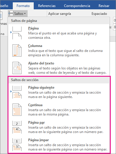 Los tipos de saltos de sección se resaltan en la pestaña Diseño.