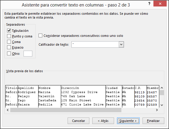 Las opciones para los Delimitadores se resaltan en el Asistente para importar texto.