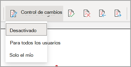 Menú desplegable Control de cambios, para todos, solo para los míos