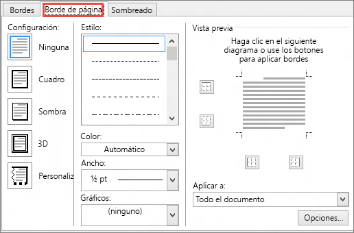 Pestaña Borde de página del cuadro de diálogo Bordes y sombreado en Word 2010