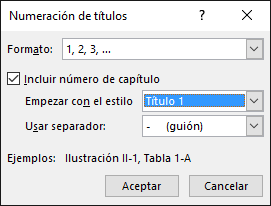 Use el cuadro de diálogo de numeración del título para agregar números de capítulo a los títulos.