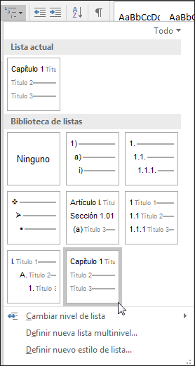 Use la lista de varios niveles de los encabezados de los capítulos para aplicar formato a los encabezados de los capítulos que se van a incluir en los títulos.