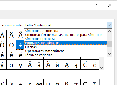 Seleccione Formatos de números en el cuadro de diálogo Subconjunto para mostrar fracciones y otros símbolos matemáticos