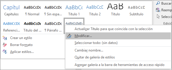 Haga clic con el botón secundario en el estilo Título de la galería de estilos para modificar el formato de los títulos.