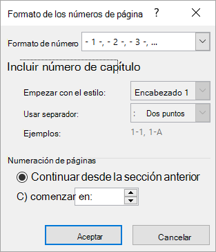 Cuadro de diálogo Formato de número de página
