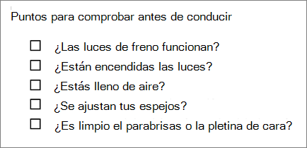 Ejemplo de una lista con viñetas con cuadros.