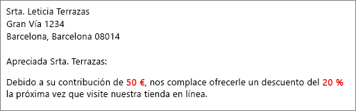 Documento de combinación de correspondencia que lee su contribución de 50,00 y le ofrece un descuento de 20.