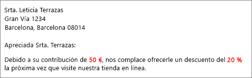 En el documento de resultados de la combinación de correspondencia se lee la contribución de 50,00 $ y se ofrece un 20 % de descuento.