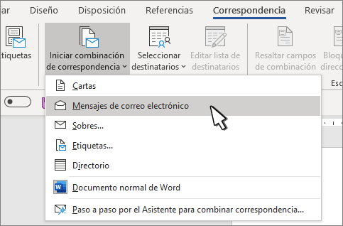 Iniciar combinación de correspondencia con mensajes de correo electrónico seleccionados