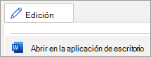 Menú Modo de edición, comando Abrir en la aplicación de escritorio