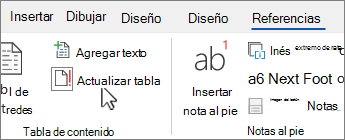 Pestaña Referencia que muestra el botón Actualizar tabla