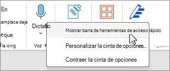 Mostrar la barra de herramientas de acceso rápido seleccionada en el menú
