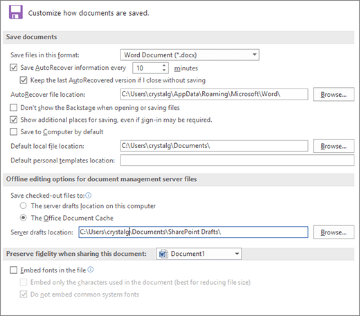 Word 2016 opciones de Guardar
