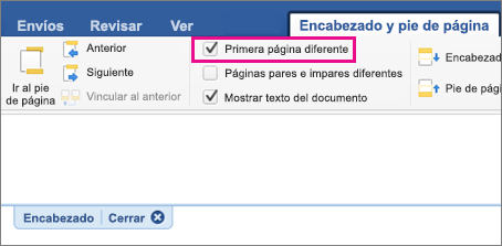 La configuración Primera página diferente está resaltada en la pestaña Encabezado&Pie de página.