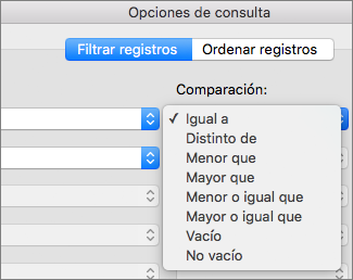 Haga clic en las opciones de comparación que desea establecer 