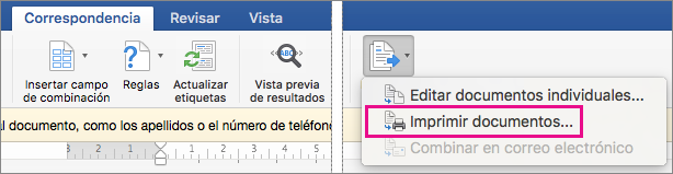 En la pestaña Correspondencia, finalizar & combinar y la opción Imprimir documentos están resaltadas