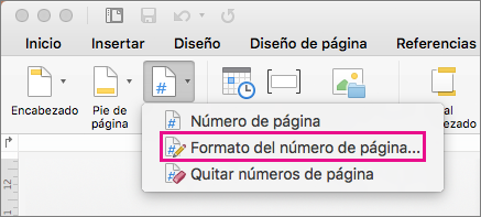 Para dar formato a los números de página, haga clic en Número de página en la pestaña Encabezado & Pie de página y, a continuación, haga clic en Formato del número de página.