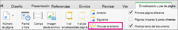 Haga clic en Vincular al anterior para alternar entre vincular el encabezado o pie de página a la sección anterior o desvincularlo.
