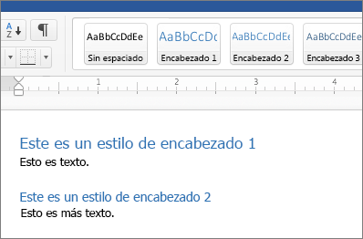 Ejemplos de los estilos Título 1 y Título 2 en un documento