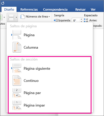 En la pestaña Diseño, el menú Saltos de sección está resaltado