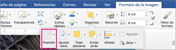 Haga clic en Posición para establecer la posición de la tabla con respecto al texto adyacente.