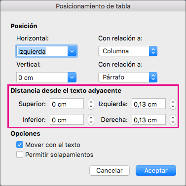 Establezca el espacio entre la tabla seleccionada y el texto del cuerpo en Distancia desde el texto adyacente.