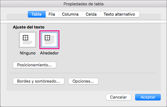 Haga clic en Alrededor para ajustar el texto alrededor de la tabla seleccionada.