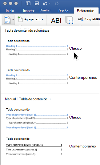 En la pestaña Referencias, haga clic en Tabla de contenido y elija un estilo de tabla de contenido automática en la galería.