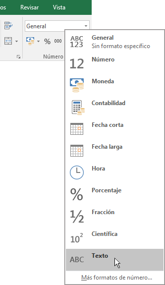 En Excel, en la pestaña Inicio, en el grupo Número, elija la flecha abajo en el cuadro General para elegir el formato de número que prefiera.